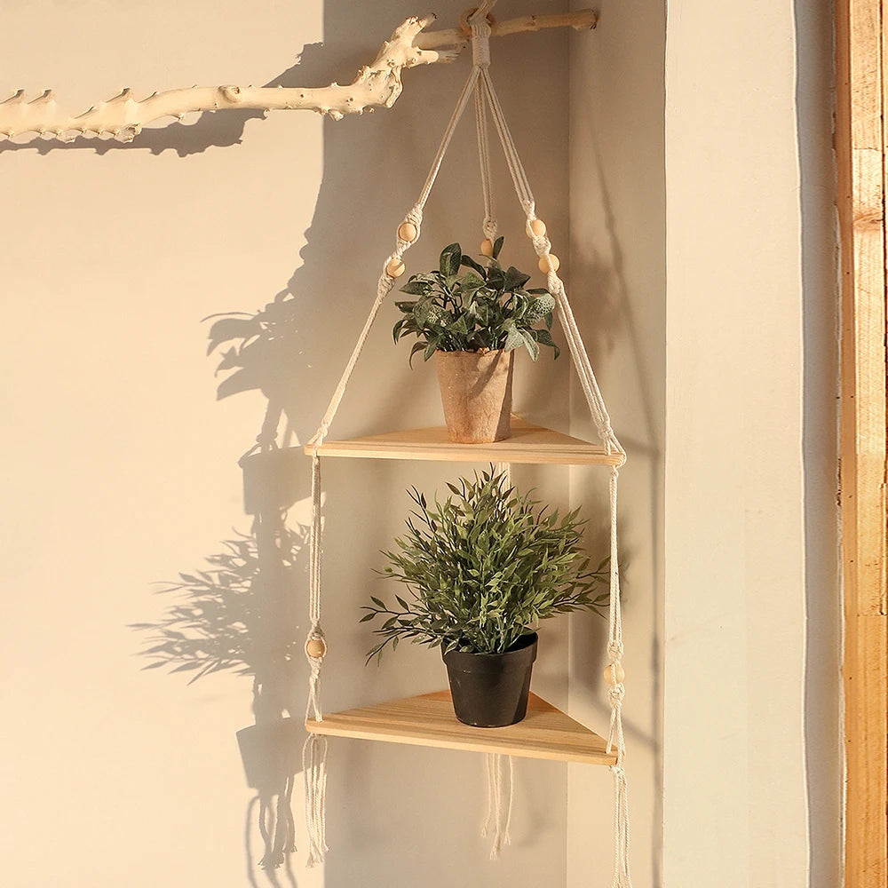 Boho Wood Hanging Wall Shelf – Macramé Display Organizer