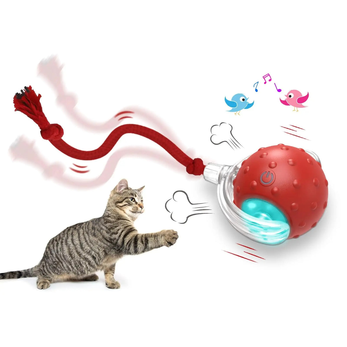 Cat reaching toward a red interactive rolling ball with a flexible rope tail